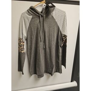 Dark Gray Prinstory Hoodie With Leopard/ Striped  Sleeve  Side Zip Medium